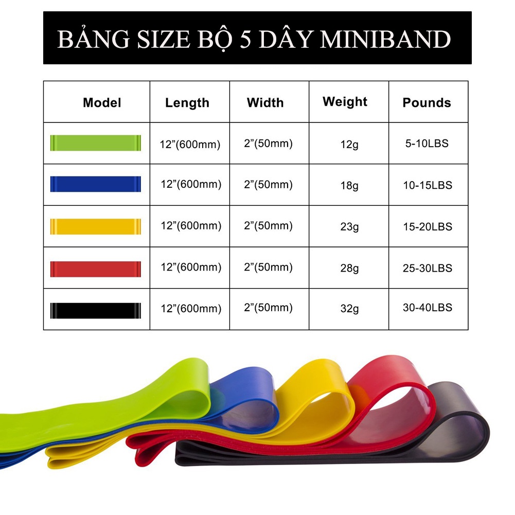 Dây Miniband, Bộ 5 Dây Mini Band Ngũ Sắc Kèm Túi, Dây Cao Su Đàn Hồi Kháng Lực Tập Chân Mông, Phụ Kiện Tập Gym Nữ