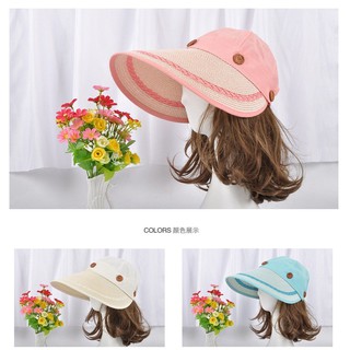 Mũ Chống Nắng Cói Phối Vải Chóp Rời Đính Cúc - Mũ đi biển đội 2 kiểu