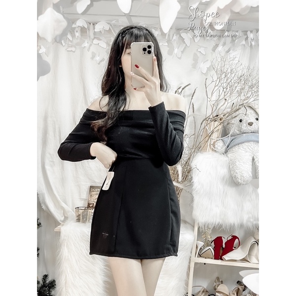 Set áo bẹt vai bo tay dài phối chân váy thêu