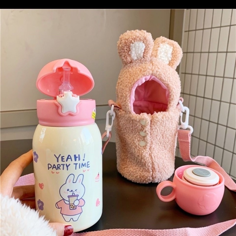 Bình giữ nhiệt + kèm túi đựng Cừu, Thỏ,Chim cánh cụt  đáng yêu dễ thương
