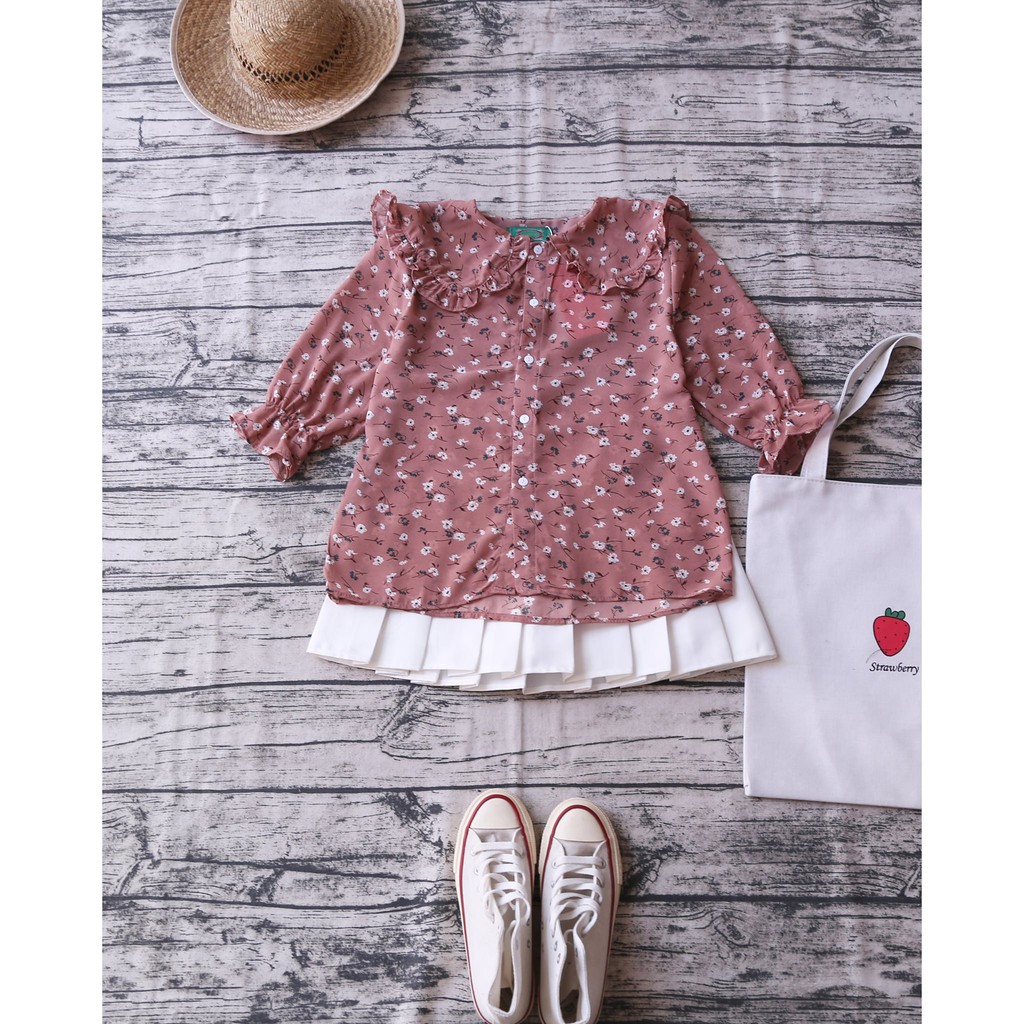 ÁO SƠ MI VOAN HOA NHÍ CỔ BÈO TAY BỒNG