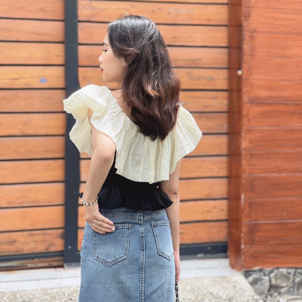 (HÀNG SẴN - HÌNH THẬT) Áo bẹt vai phối cổ voan xinh xắn - Áo croptop mặc được 2 kiểu