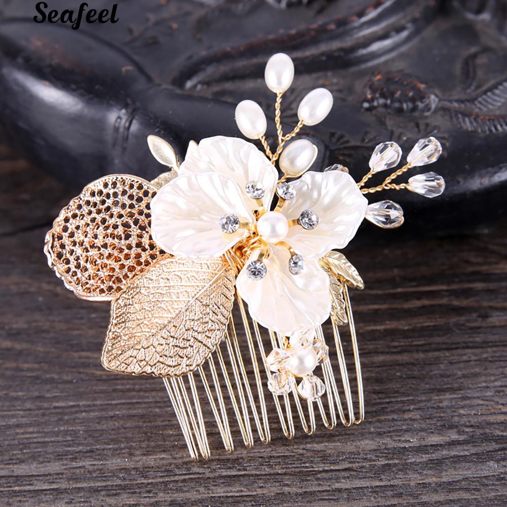 Lược cài tóc hình hoa &amp; lá có đính đá &amp; kim cương giả cho cô dâu