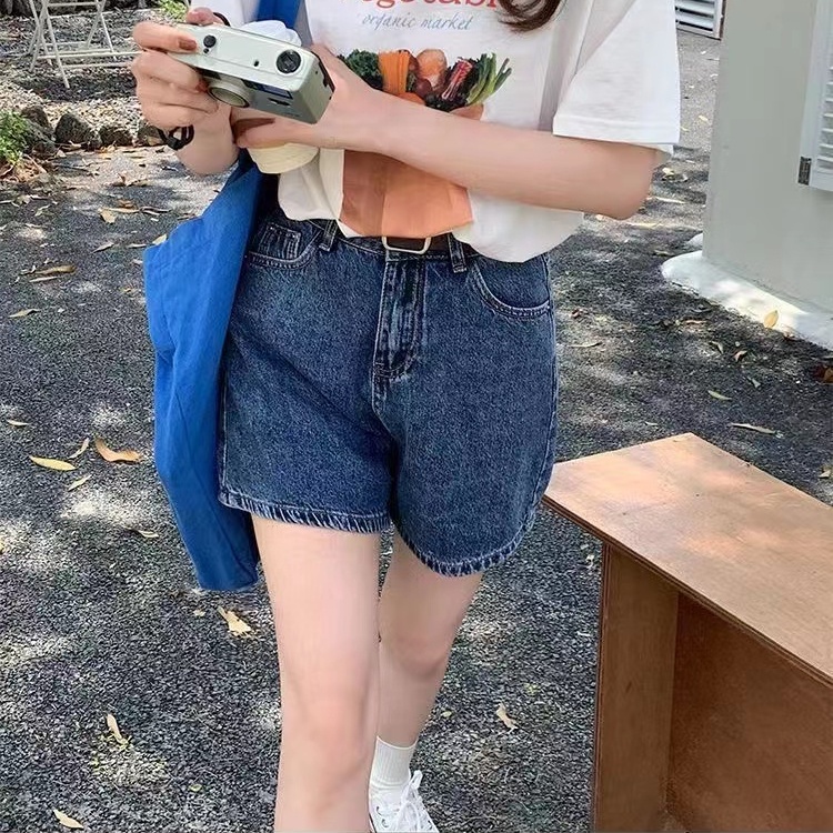 Quần Short Denim Lưng Cao Ống Rộng Phong Cách Retro Hàn Quốc Plus Size Cho Nữ