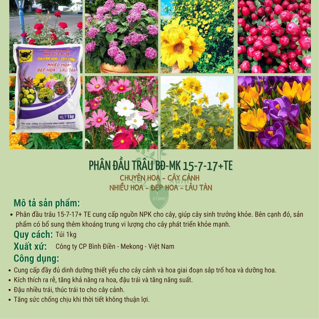 Phân bón Đầu Trâu NPK chuyên cho hoa, cây cảnh 15-7-17+TE