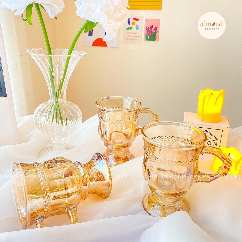 Ly Thuỷ Tinh Màu Hổ Phách Chịu Nhiệt Có Quai 130ml, Cốc Thuỷ Tinh - phong cách Retro Hàn Quốc - AMBER RETRO MUG