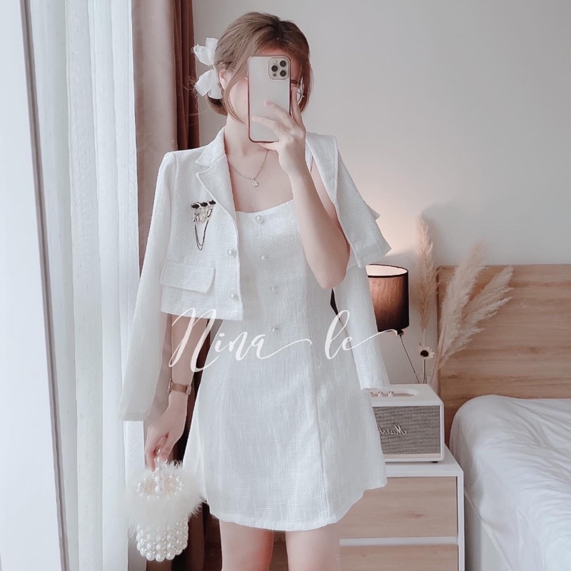Bộ đầm hai dây bản to dạ bố màu trắng shop nina le