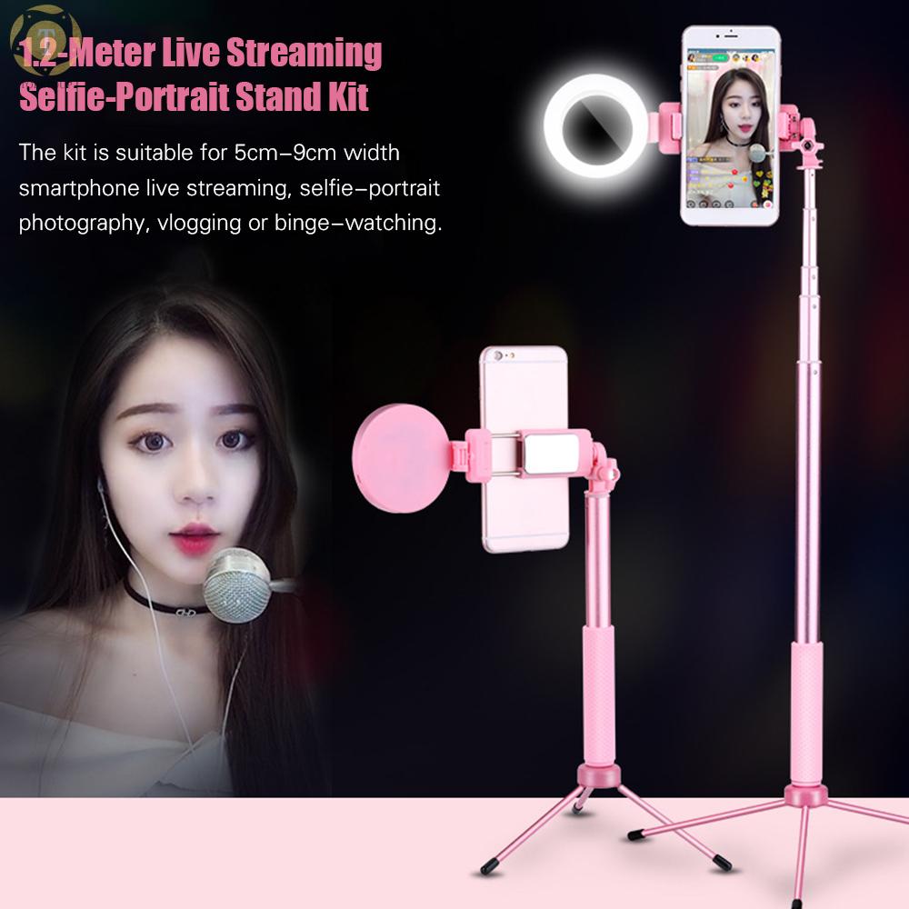 Shipped within 12 hours】 1.7-Meter Live Streaming Selfie-Portrait Stand Kit with Aluminum Alloy Selfie Stick Integrated Phone Holder Fill Light + Tabletop Tripod for Smartphones Pink Smartphone Stand [TO]