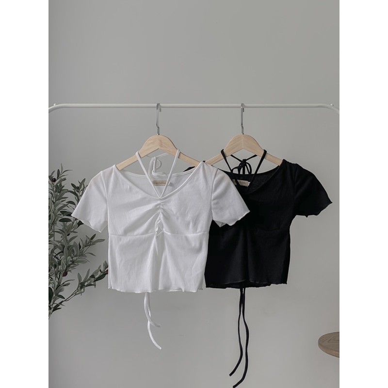 Áo croptop tay ngắn thun cột dây eo (Trắng/Đen)