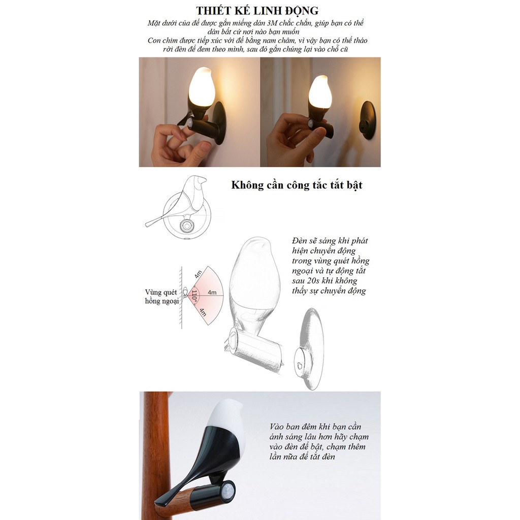 Đen Led Trang Trí ❤️FREESHIP❤️ Đèn LED Cảm Ứng Cute Hình Chú Chim- Làm Đèn Ngủ, Quà Tặng - Pin Sạc