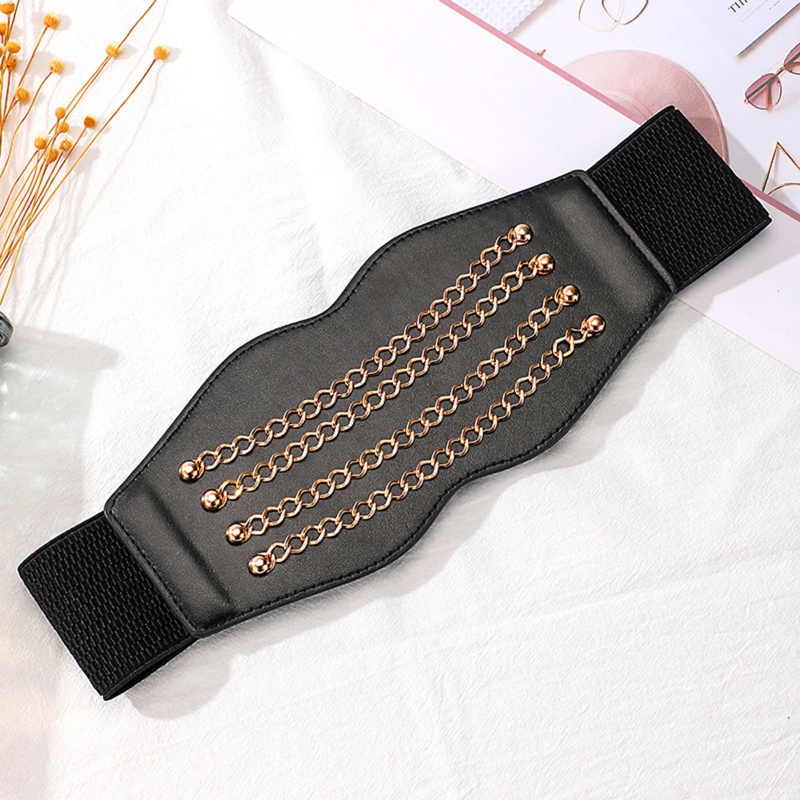 Thắt Lưng Da PU Màu Trơn Phối Dây Xích Co Giãn Phong Cách Vintage Cho Nữ