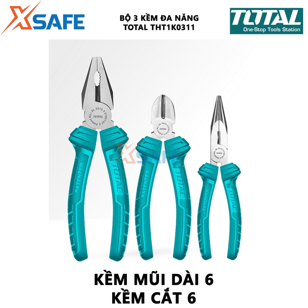 Bộ 3 kìm điện, kìm cắt, kìm mũi nhọn TOTAL THT1K0311 | bộ kềm đa năng gồm ba loại răng 7&quot;, mũi dài 6&quot;, cắt 6&quot;