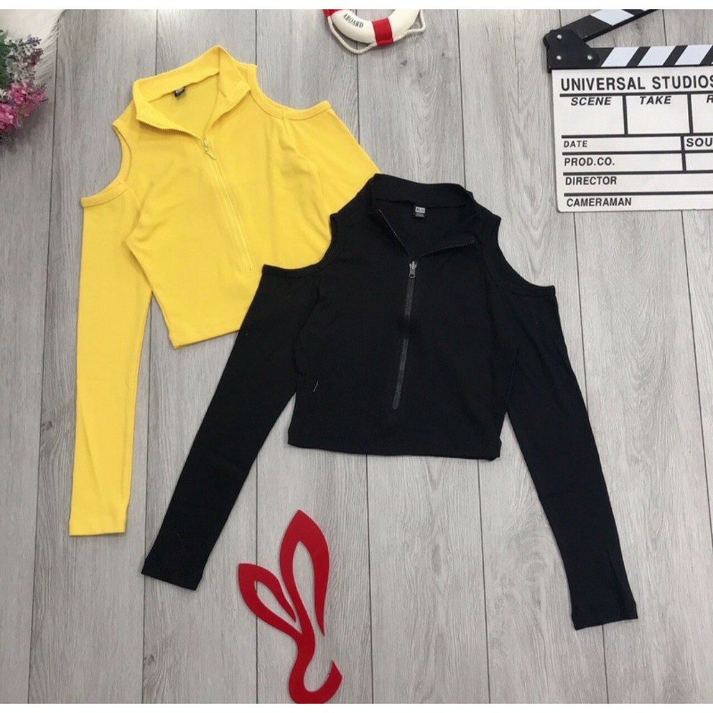 Áo Croptop Hở Vai Tay Dài Áo Crt Khoét Hở Vai Thun Gân Dài Tay Có Dây Kéo Hàn Quốc Sexy Ôm Body Đen Trắng Cam Xanh Vàng | BigBuy360 - bigbuy360.vn
