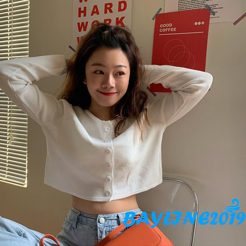 Áo Croptop Tay Dài Màu Sắc Đơn Giản Cho Nữ