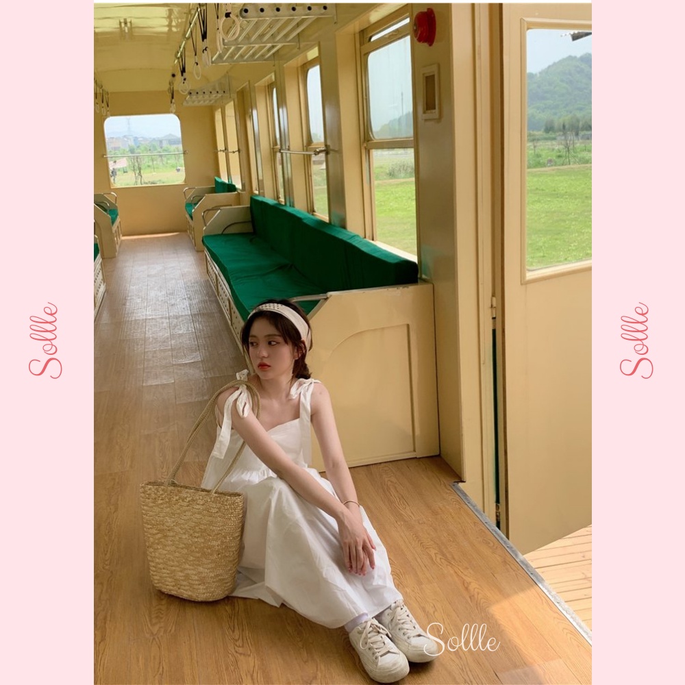 Đầm váy maxi nữ 2 dây thắt nơ vai 3 tầng babydoll trắng xanh trơn dáng dài đi biển Hàn Quốc Sollle