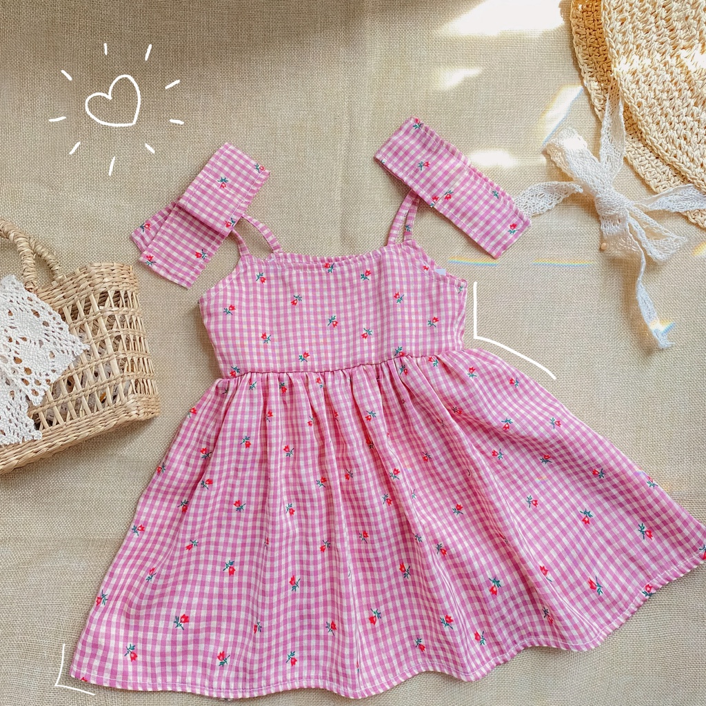 Váy cho bé gái 2 dây caro hoa nhí nơ vai sơ sinh 1 2 3 4 tuổi MINTSCLOSET Mint's Closet - GV0067