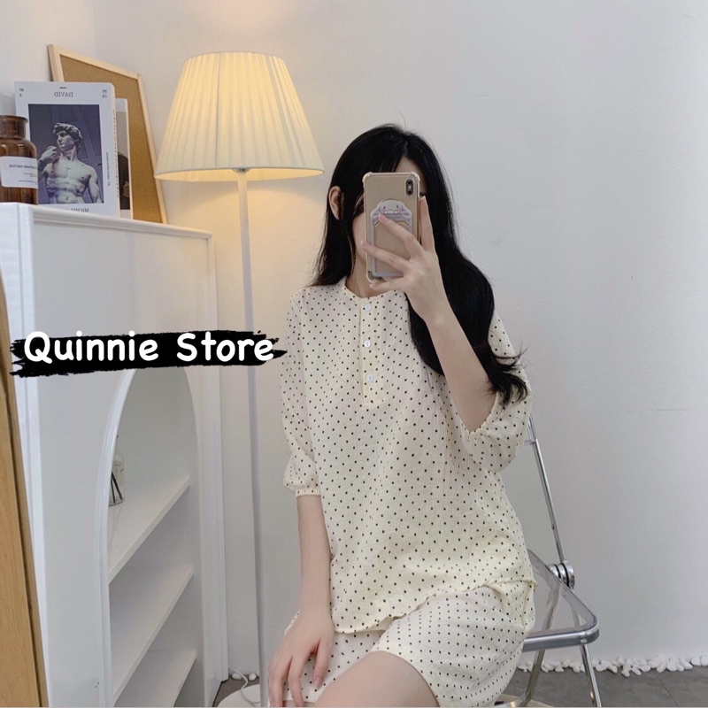Q2 Set đồ ngủ cộc tay viền bèo/cổ trụ chất đũi xốp hoạ tiết đáng yêu Quinnie Store