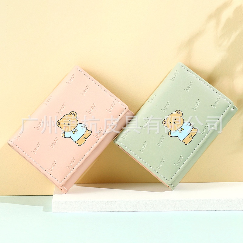 Ví Ngắn Gập Ba Thiết Kế Đơn Giản Họa Tiết Gấu Hoạt Hình Đáng Yêu Thời Trang Cho Nữ