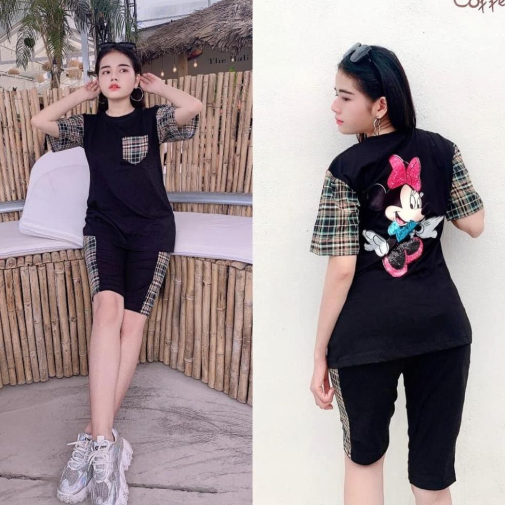 Đồ Bộ Nữ MIC06331 Đồ Bộ Mặc Nhà Chất Cotton Đẹp Hình In Mickey Sọc Ca Rô 2 Bên Size 40KG - 80KG