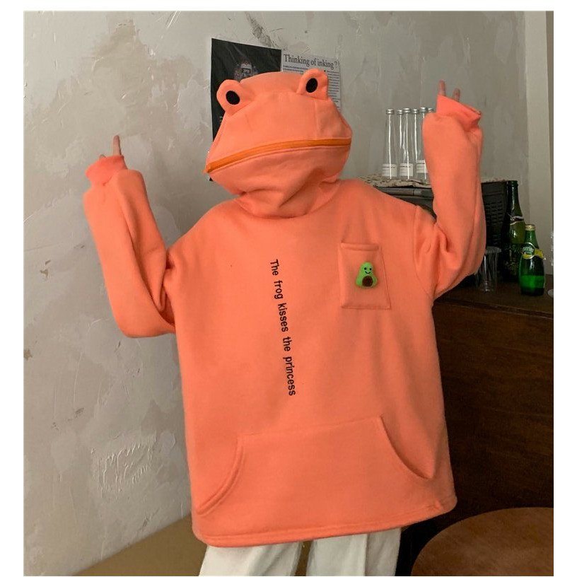 Áo hoodie thiết kế hình ếch cỡ lớn lót nhung dày dặn thời trang phong cách Harajuku cho nữ 2020