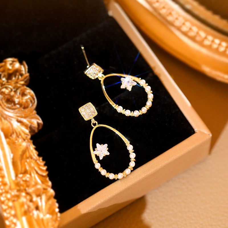 [Jiudolan] Bông Tai Đính Ngọc Trai Và Đá Zircon Hình Giọt Nước Năm Cánh Thời Trang Hàn Quốc Cho Nữ