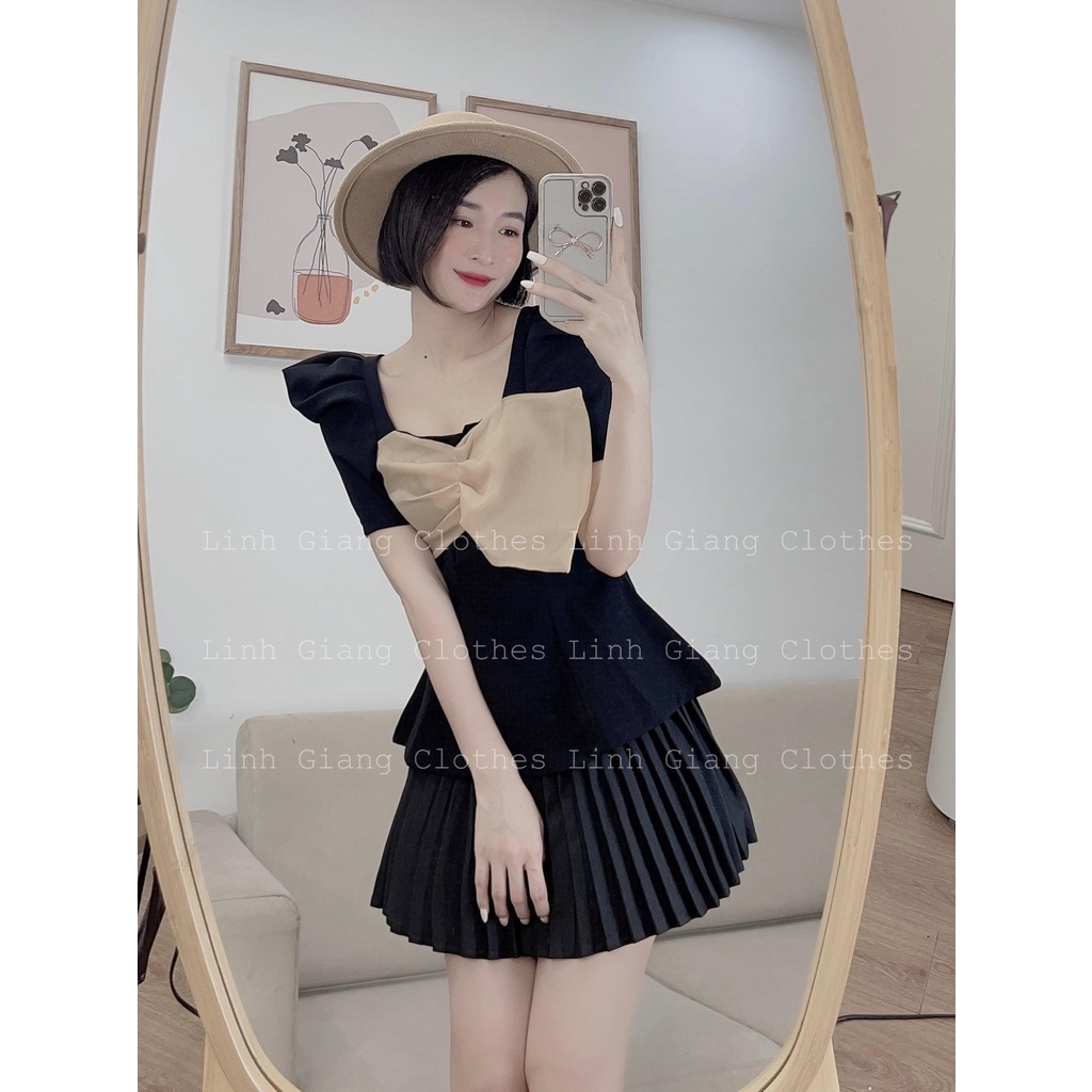 Set Áo Tay Phồng Nơ Mix Chân Váy Dập Ly Phong Cách