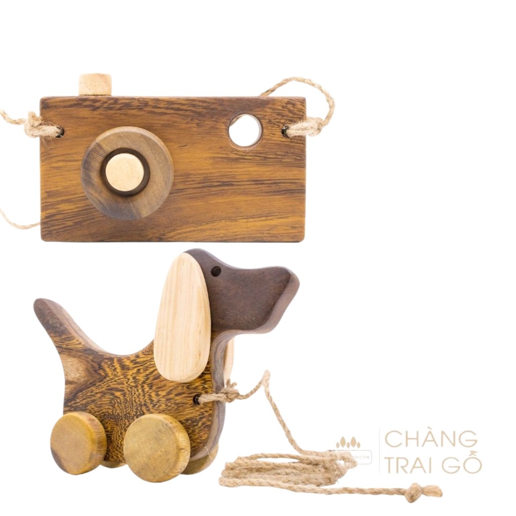 Máy Ảnh Gỗ và Chú Chó Lắc Tai Đồ Chơi Chàng Trai Gỗ
