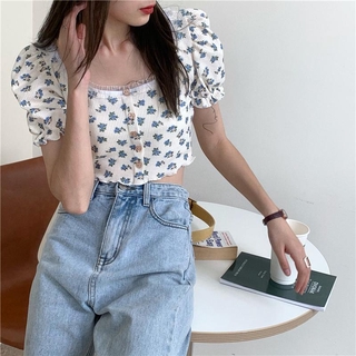 Retro Floral Pattern Short Sleeve Croptop Top
