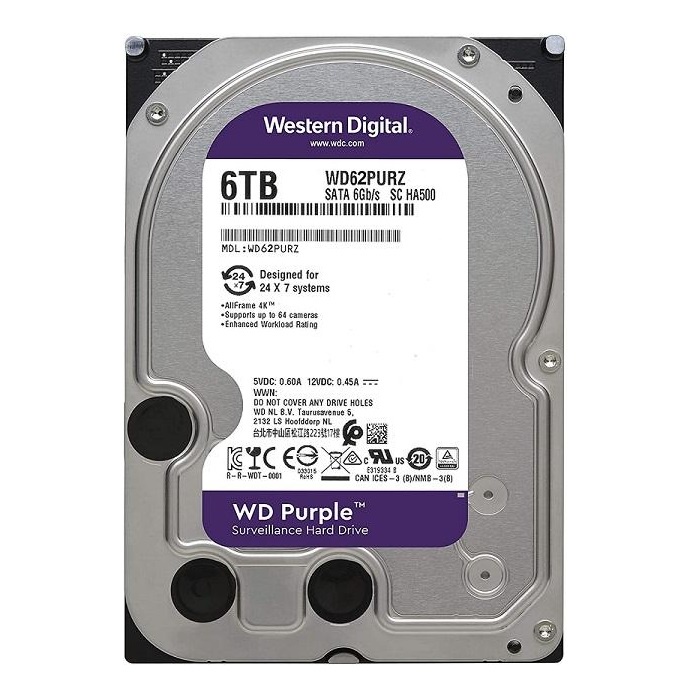 Ổ cứng gắn trong Western Purple 6TB 3.5 inchs SATA 3 64MB Cache /5400RPM (màu tím) (WD62PURZ) - Hàng chính hãng