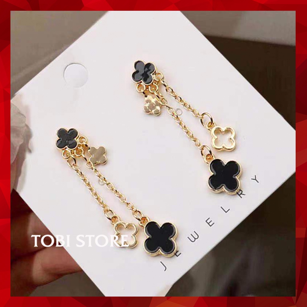 Bông tai nữ cỏ bốn lá dáng thả dài đen và trắng TB571