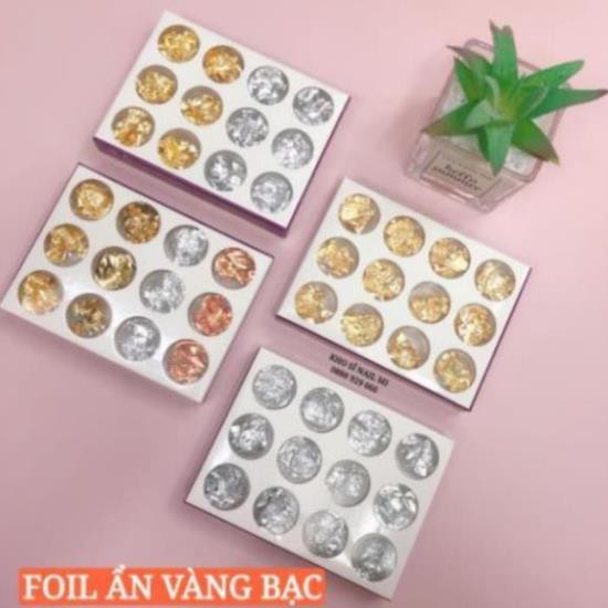 SET GIẤY BẠC TRANG TRÍ MÓNG TAY 12 HŨ GỒM CÁC MÀU SẮC CƠ BẢN THÔNG DỤNG NHẤT ĐỂ PHỐI MÀU DESIGN
