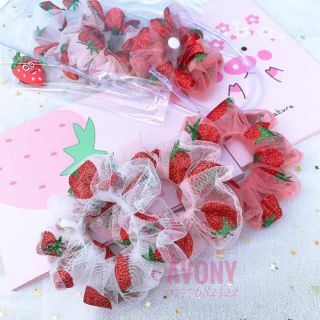 🍓 Cột tóc vải Scrunchies lưới dâu tây kim tuyến