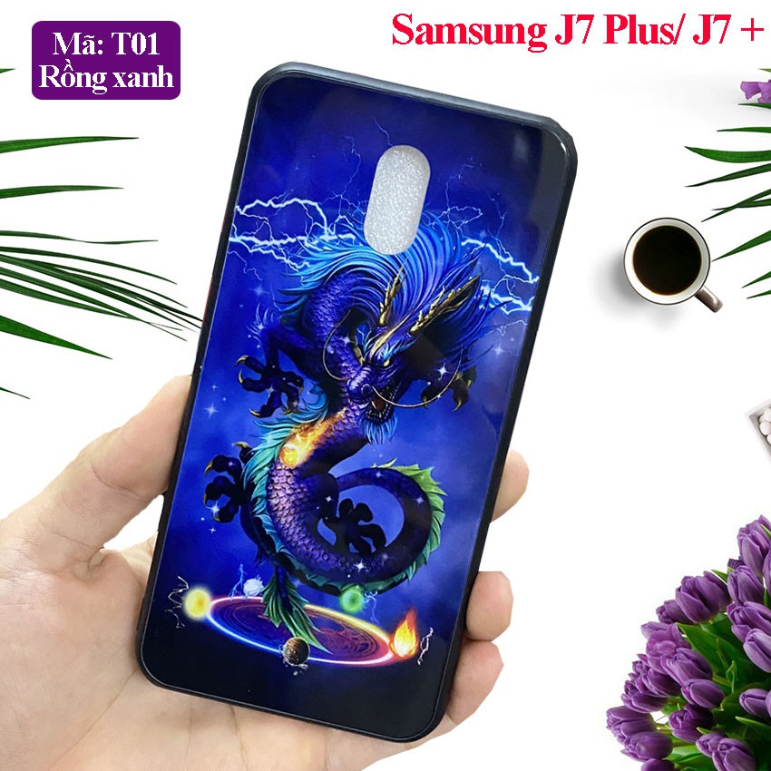 Ốp lưng Samsung J7 Plus /J7+ mặt kính cường lực sang trọng in hoa văn 3D sắc nét chống trầy xước, case op lung galaxy