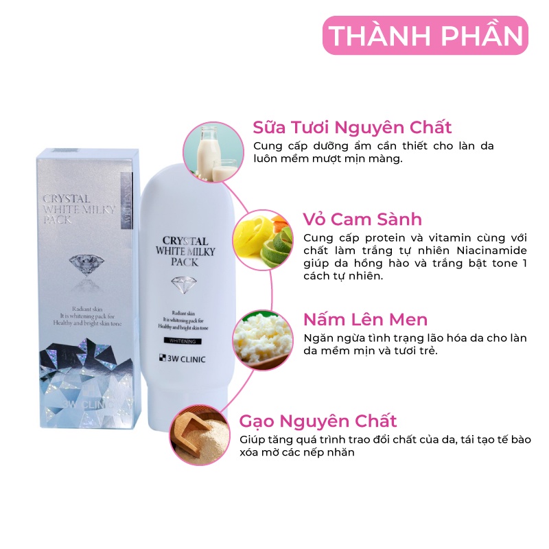 Kem Ủ Trắng Da Body Nâng Tone Crystal White Milky Body Lotion 3W Clinic Hàn Quốc giúp trắng da / dưỡng ẩm 200ml