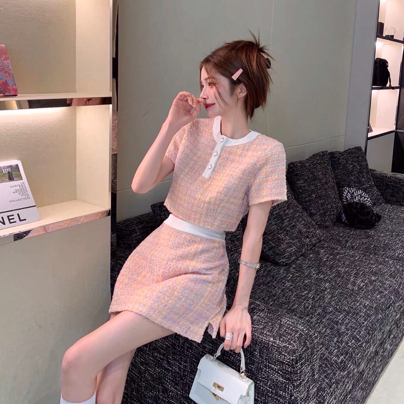 set dạ tweed màu hồng sang chảnh tiểu thư