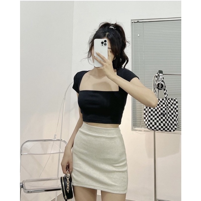 Áo Cổ Vuông Tay Ngắn▪Basic Croptop Tay Ngắn