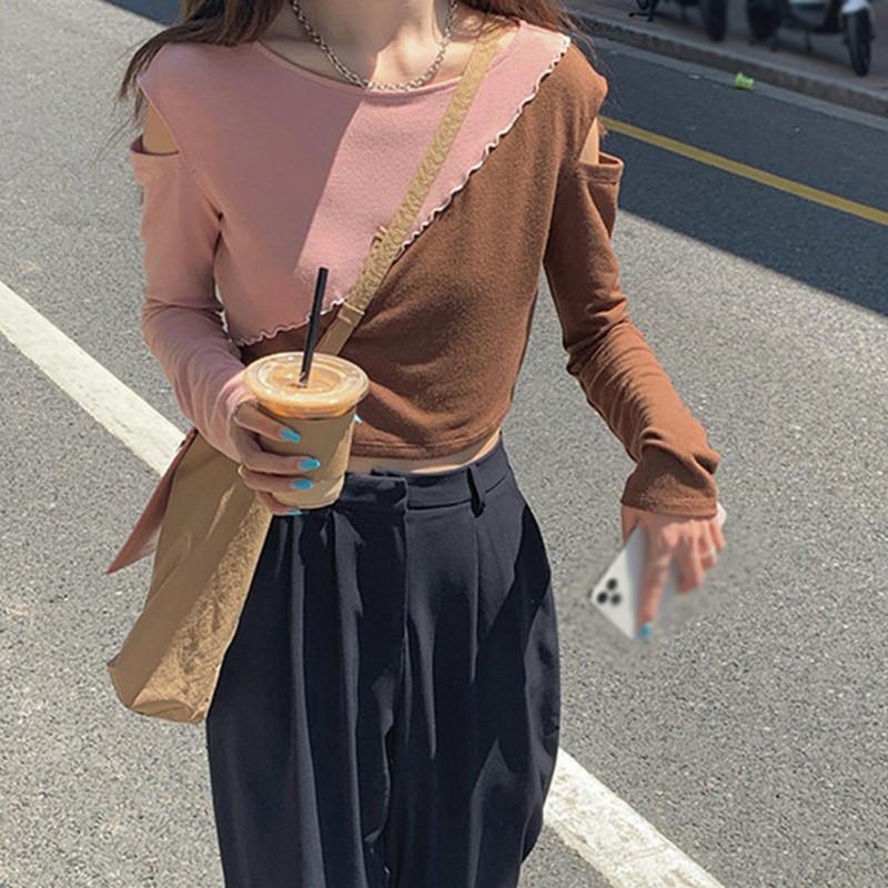 Áo thun cổ tròn tay dài hở vai hợp thời trang gợi cảm cho nữ