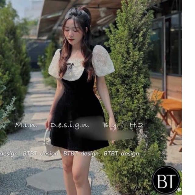 Váy nhung phối ren ngọc kèm tag