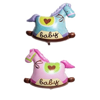 Bong bóng ngựa gỗ hồng và xanh trang trí sinh nhật thôi nôi cho bé
