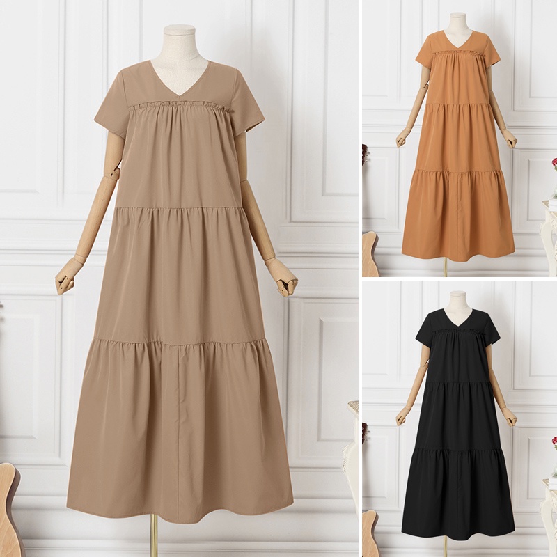 Đầm dài Zanzea cổ chữ v tay ngắn màu trơn thời trang phong cách Hàn Quốc cho nữ