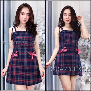 Đầm caro form chữ A thắt dây nơ