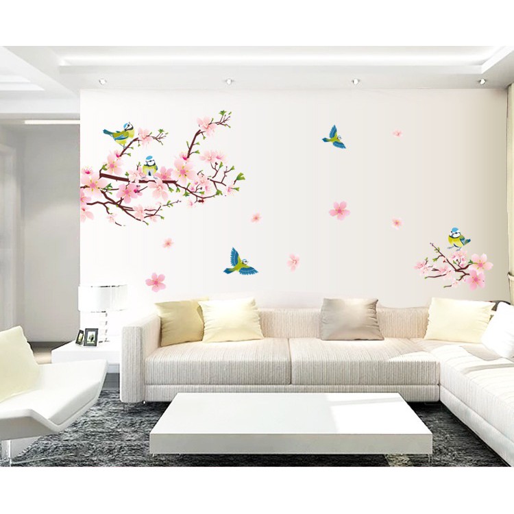 Decal dán tường Đào hồng và chim - DH002 - PVC vinyl