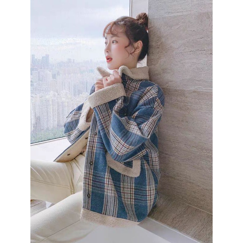 Sẵn XL(Hàng Đẹp)Ảnh thật 5 hình cuối-HC082.Áo khoác kẻ lông cừu phiên bản Hàn Quốc | BigBuy360 - bigbuy360.vn