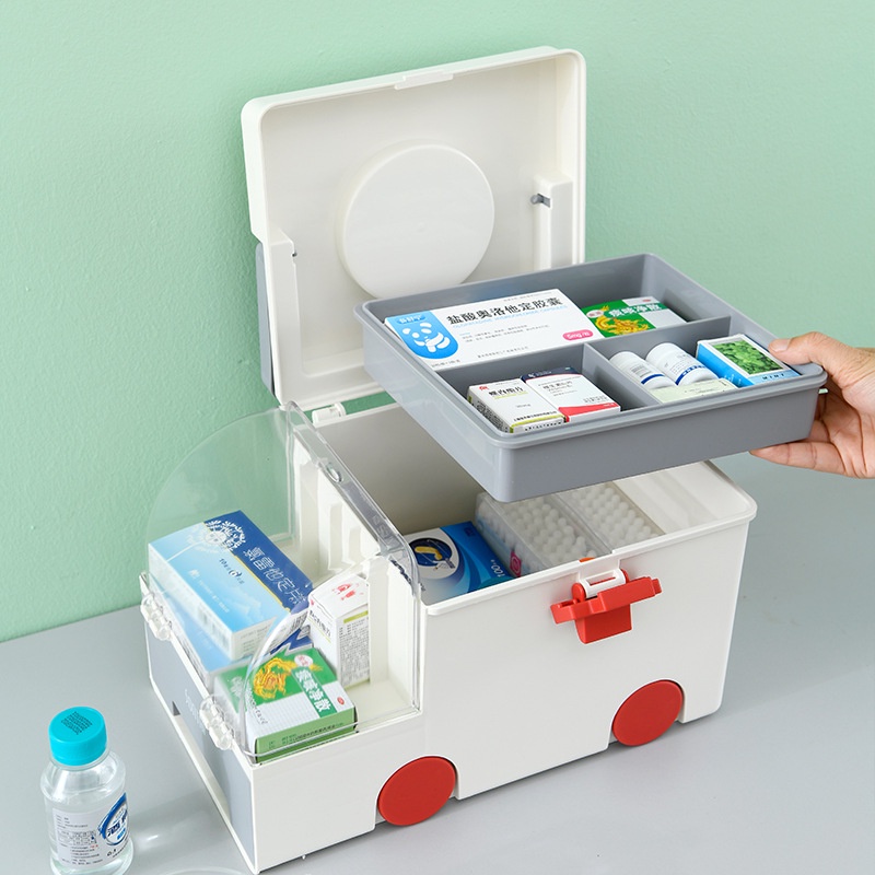 hộp bảo quản thuốc Hộp đựng thuốc Hình dạng dễ thương Xe cứu Hai lớp dung tích lớn có tay cầm di động Hydrogen065