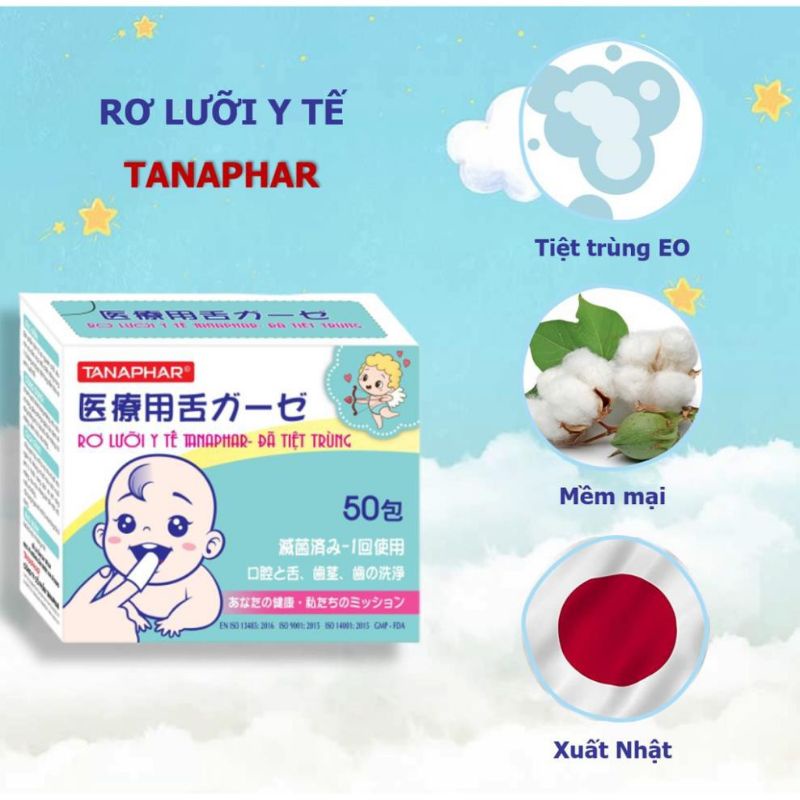 Hộp 50c Gạc rơ lưỡi y tế Tanaphar đã tiệt trùng, hỗ trợ làm sạch lưỡi, khoang miệng cho bé hàng xuất Nhật chất lượng cao