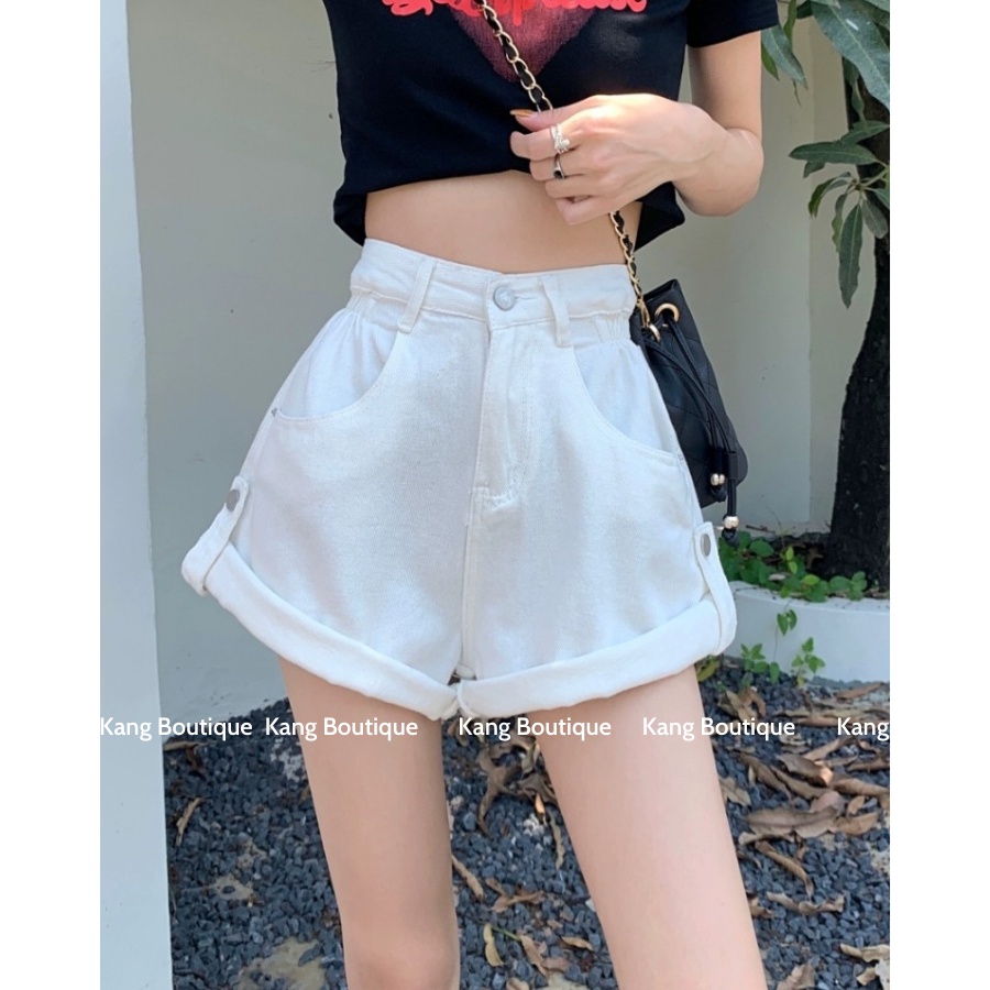 Quần short nữ ống rộng cạp cao quần đùi JEANS gập gấu chun thật FORM RỘNG CHUẨN Mã QD006