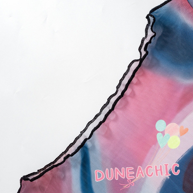 DUNEA Áo Thun Tay Dài In Họa Tiết Phối Lưới Thời Trang Cho Nữ