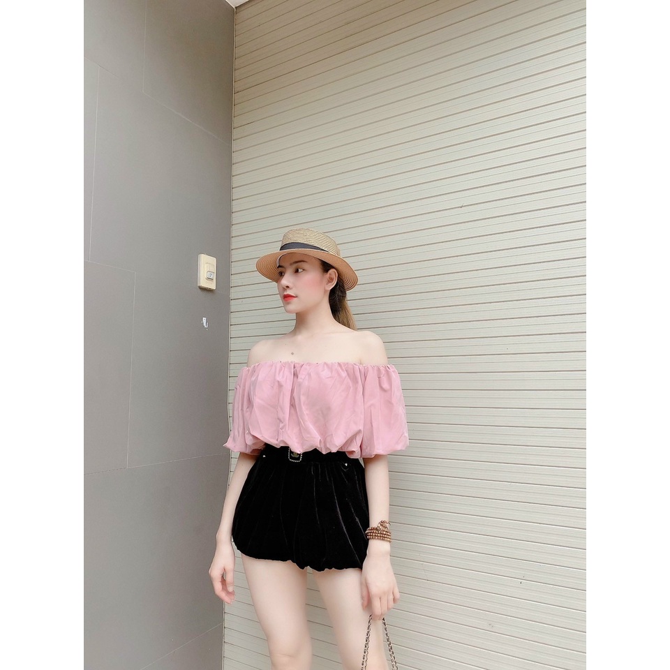 Áo croptop trễ vai tay bồng chất voan may hai lớp siêu xinh xắn, áo kiểu dễ thương
