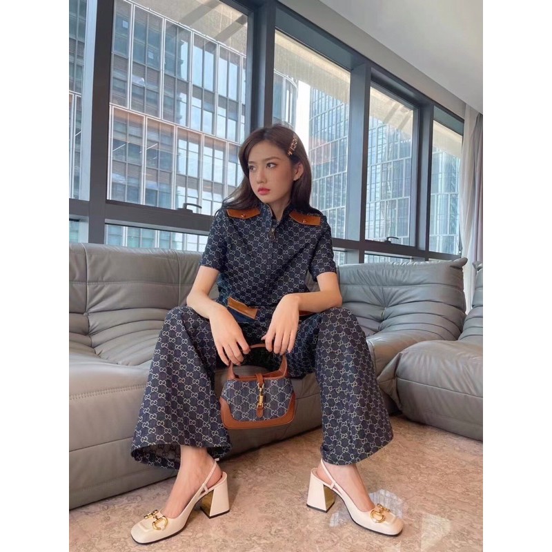 Quần jieans ống rộng Gucci GC màu xanh dương họa tiết kẻ caro
