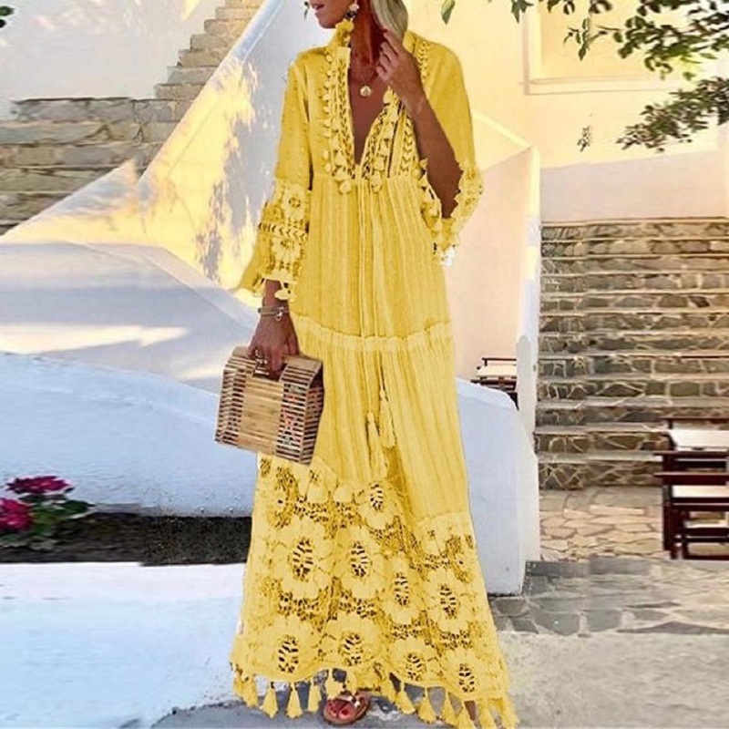 Đầm Maxi Dài Tay Cổ Chữ V Phối Ren Thanh Lịch Dành Cho Nữ / Size S-5XL